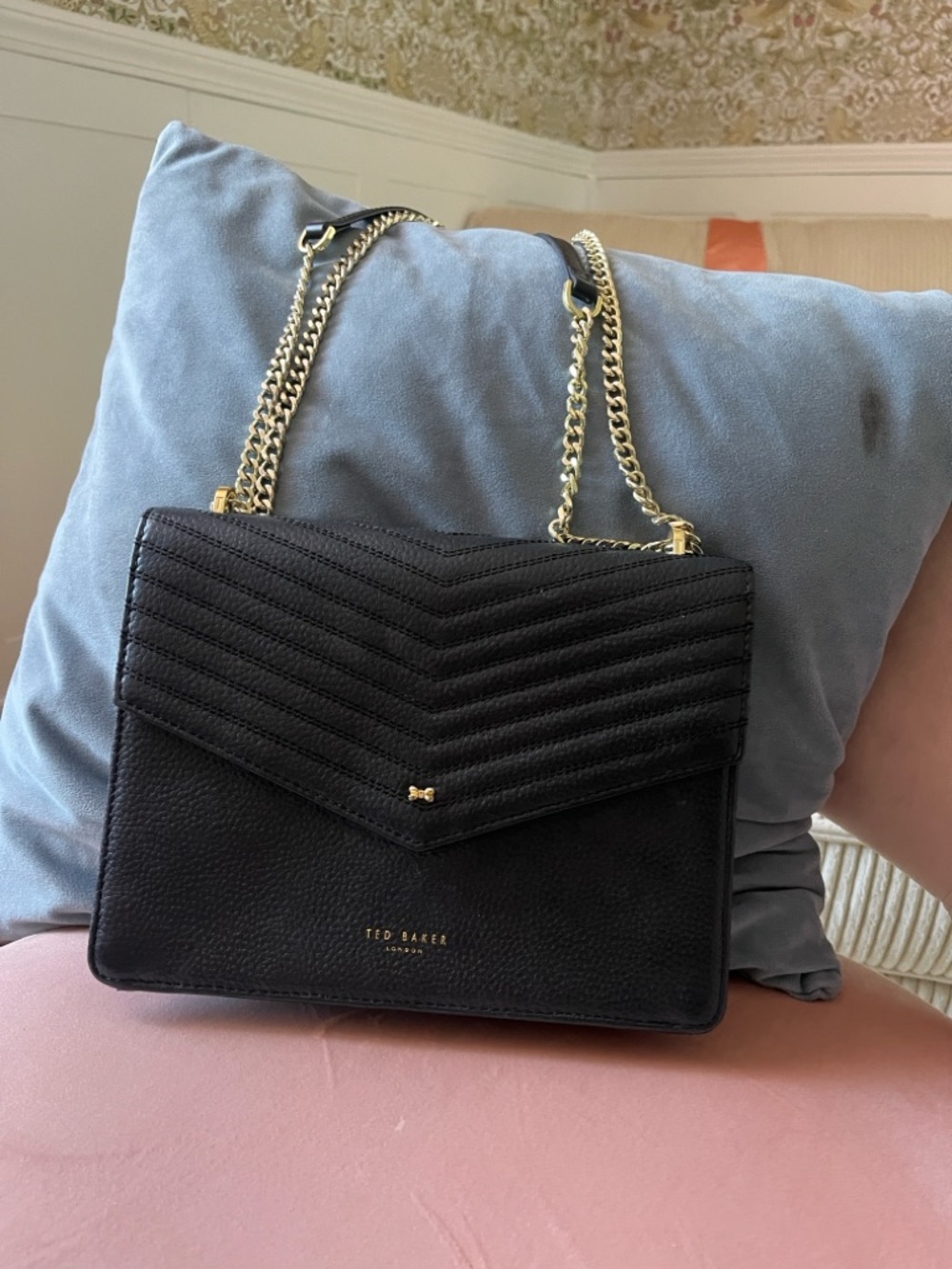 Ted Baker Black Quilted Chevron Chain-Handle Shoulder Bag with Gold Hardware